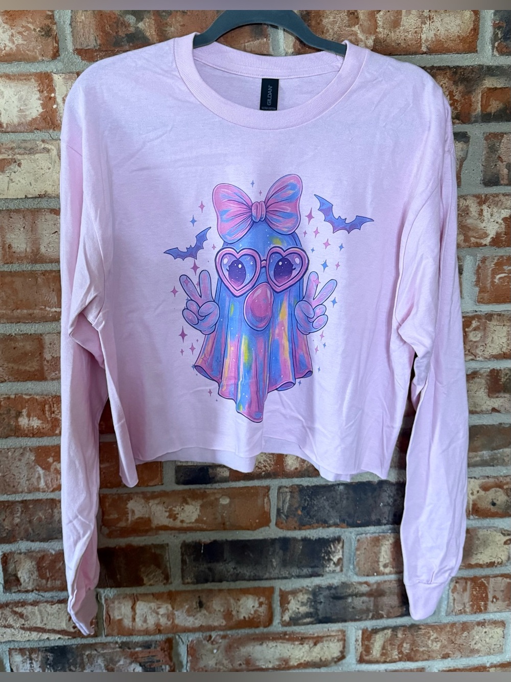 Gildan Light Pink Crop Long-Sleeve Tee with Rainbow Ghost Graphic